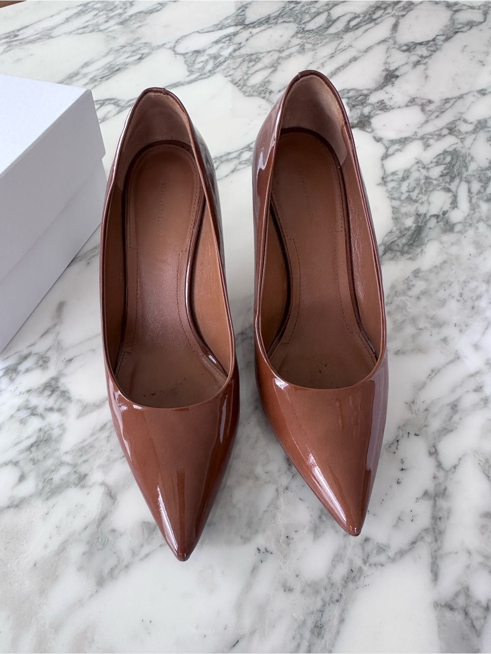 Scanlan Theodore Tan Patent Leather Pointed Toe Pumps Silver Metal Heels Made in